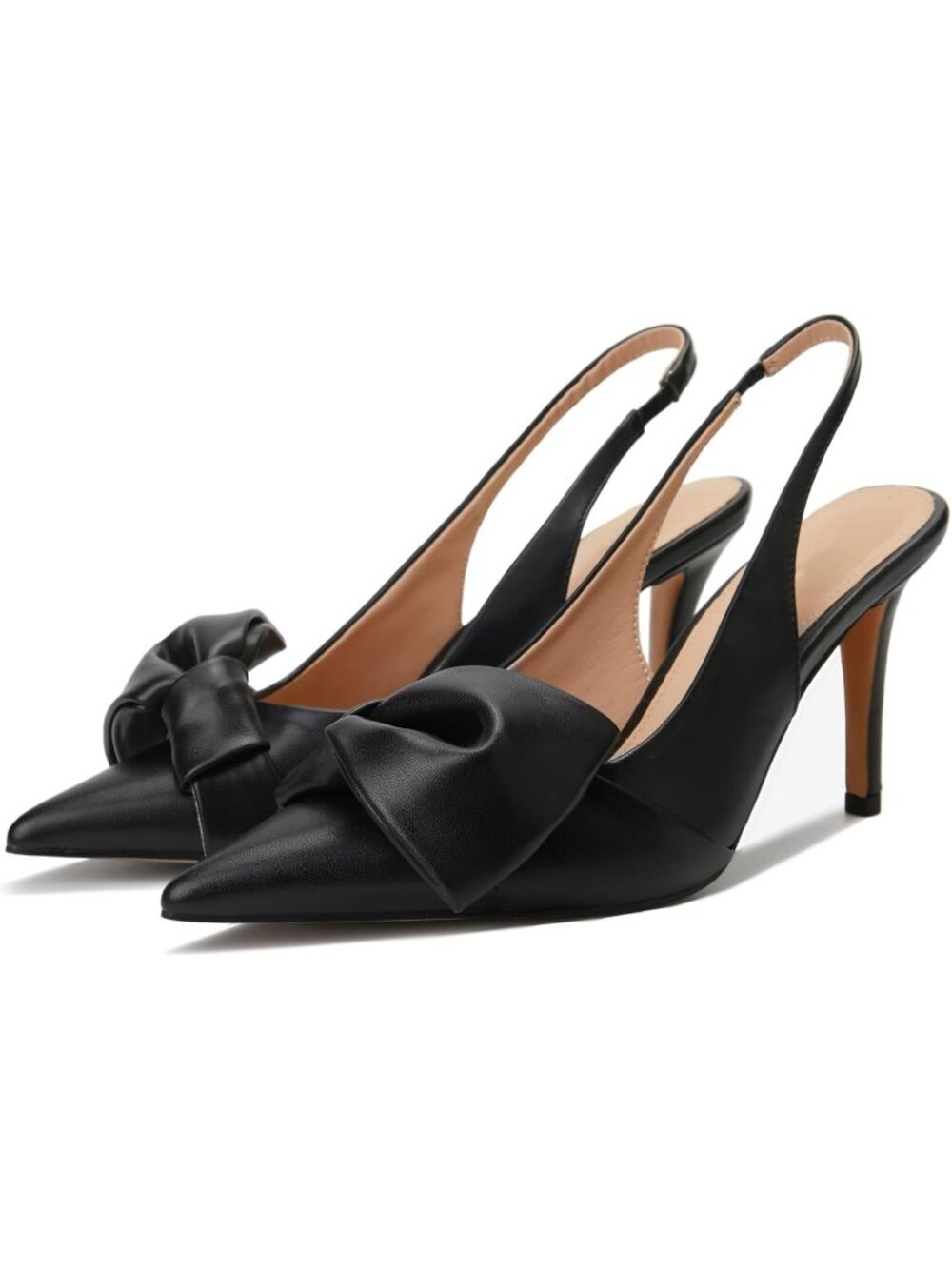 Women's Pu Black Slingback Heels with Bow Pointed Toe Pumps Elasticated Strap